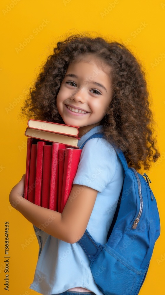 Smiling child holding red books and wearing a blue backpack against a bright yellow background Smiling child holding red books and wearing a blue backpack against a bright yellow background