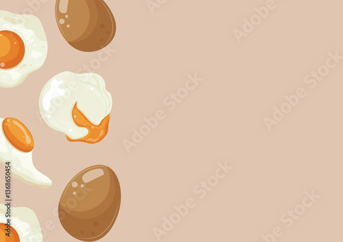 poster with various cooked chicken eggs, namely fried, boiled and eggs with liquid yolk on a brown background, for various advertising banners and advertisements
