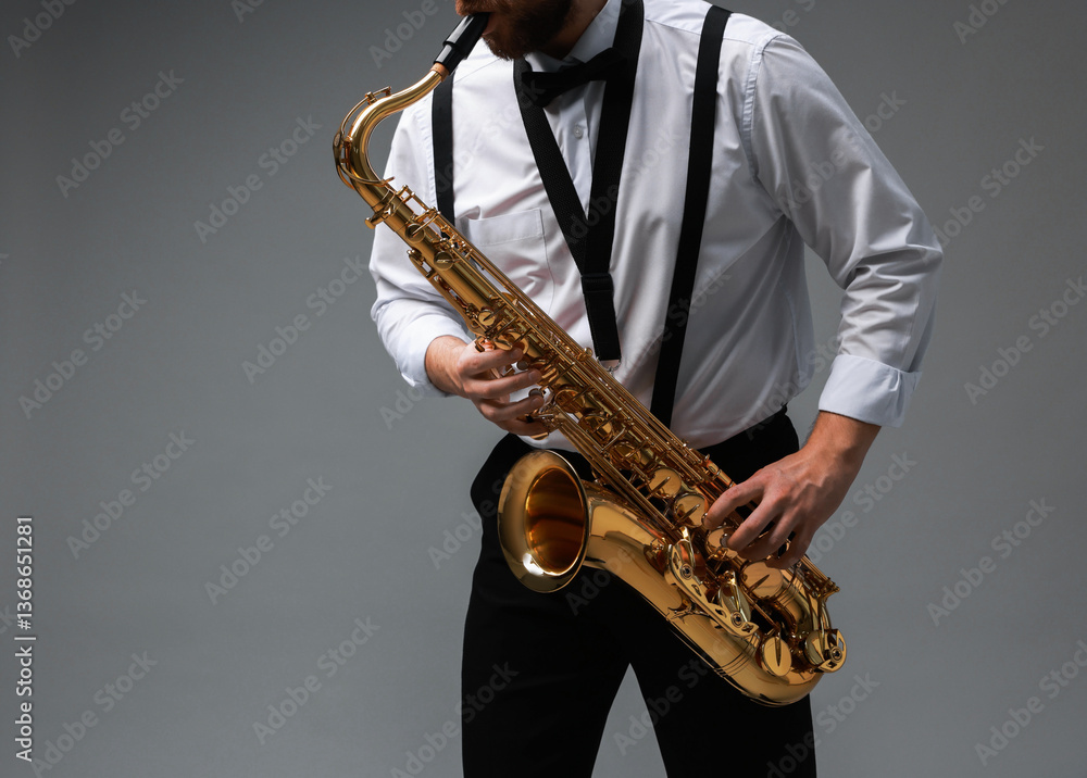 Naklejka premium Professional musician playing saxophone on grey background, closeup. Space for text