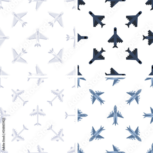Airplane seamless pattern flying in different directions on white background