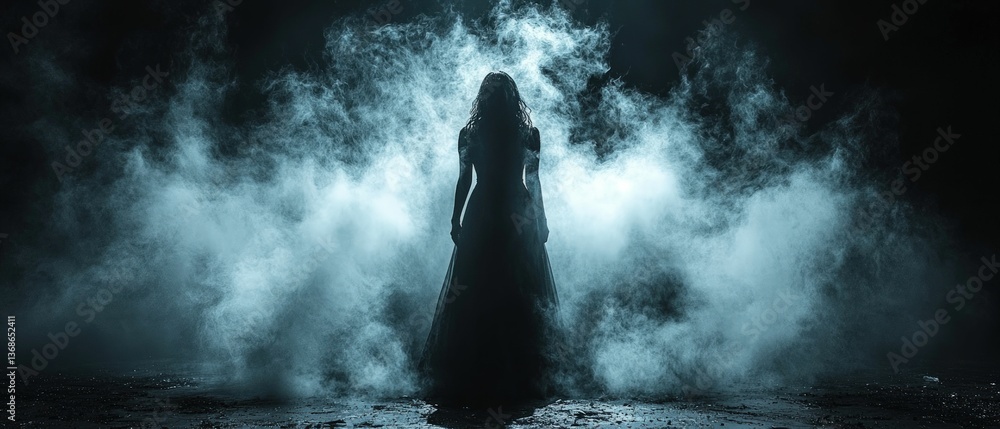 Obraz premium Mysterious woman in long dress, ethereal smoke.