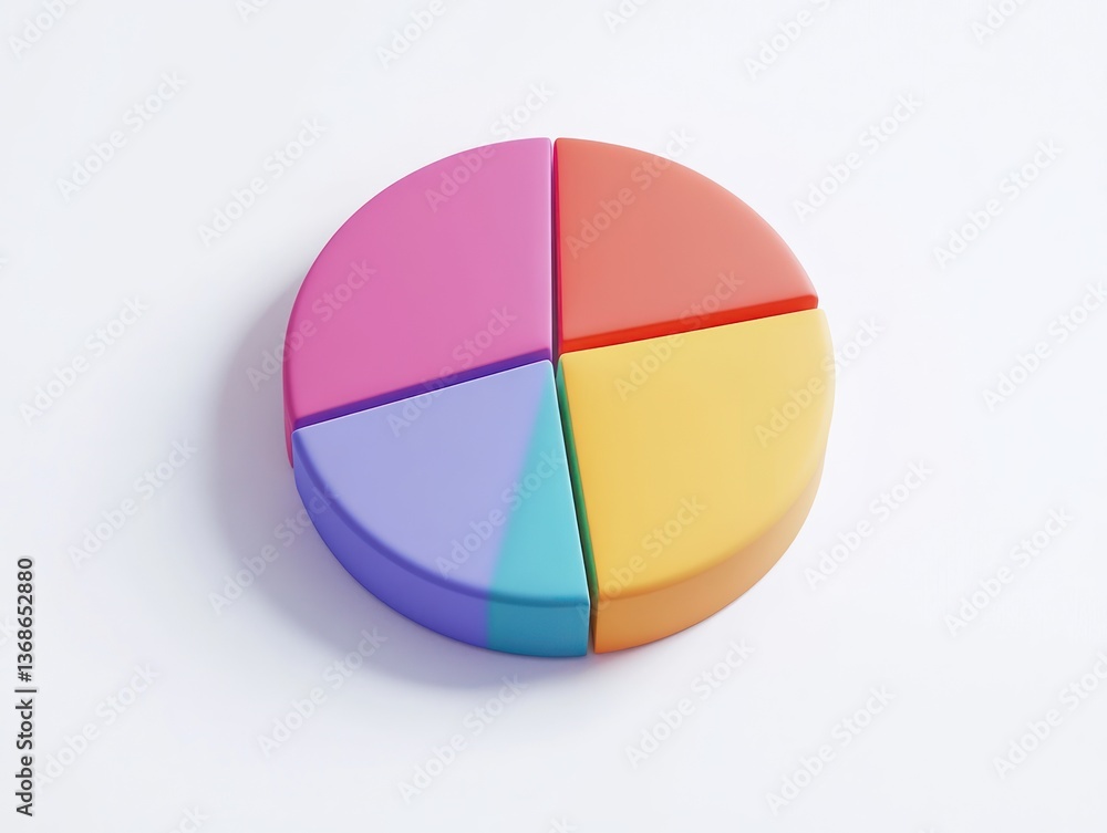 Fototapeta premium 3D pie chart, with vibrant colors on a white background, in an isometric view at a 45-degree angle