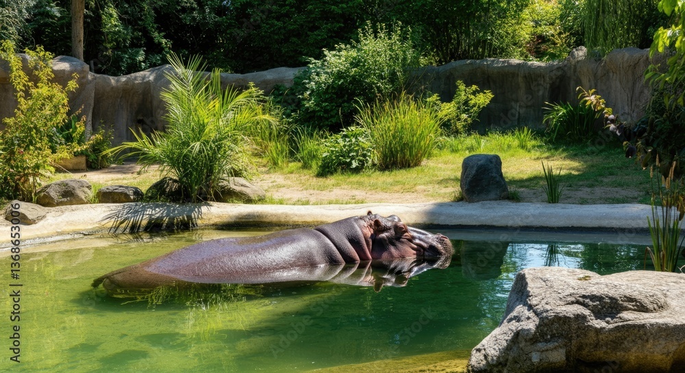 Naklejka premium Hippopotamus basking in zoo enclosure pool sunlight