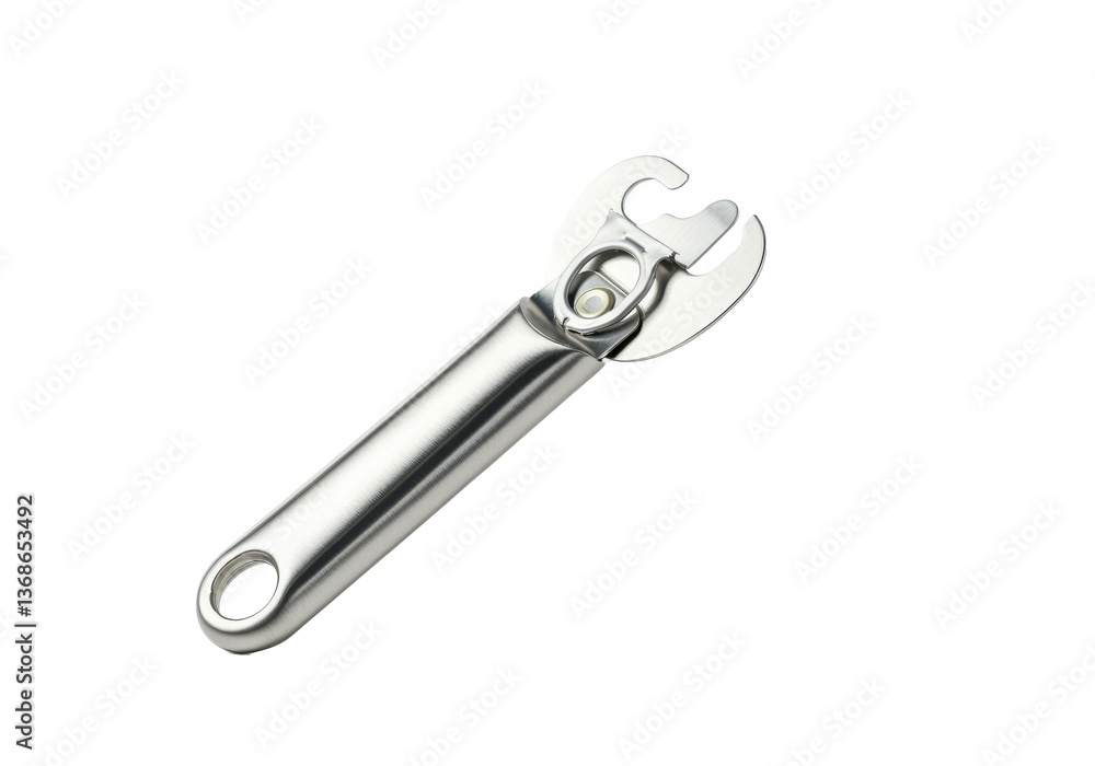A floating stainless steel can opener with handles open, on a solid white background A floating stainless steel can opener with handles open, on a solid white background
