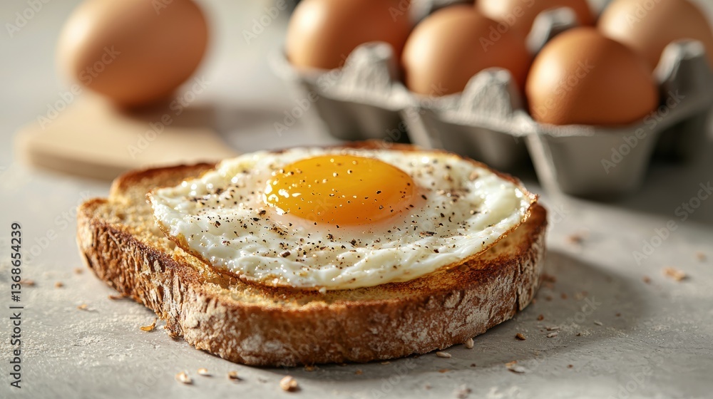 Rustic breakfast scene with a fried egg on artisanal bread neutral tones Rustic breakfast scene with a fried egg on artisanal bread neutral tones