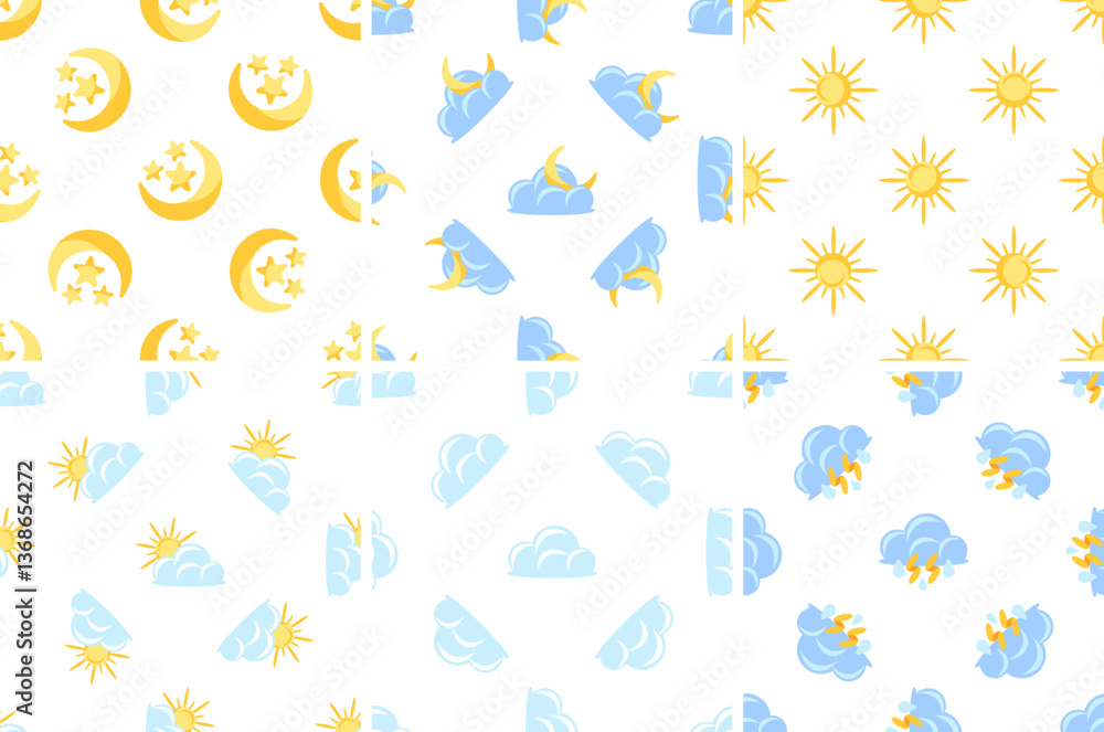Seamless patterns representing day, night, clouds, sun and thunder Seamless patterns representing day, night, clouds, sun and thunder