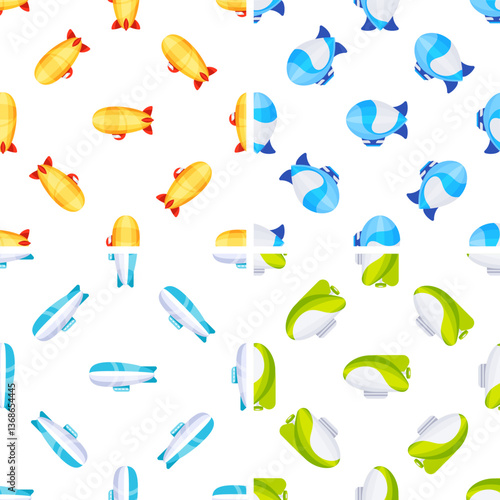 Airship seamless pattern repeating background tile with colorful blimps flying