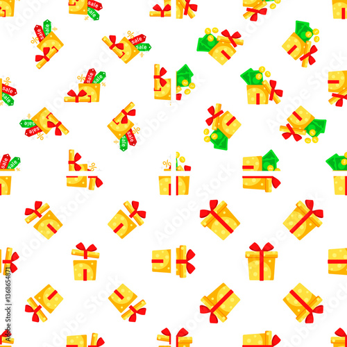 Seamless pattern with gift boxes, money and sale tags suggesting discounts and promotions