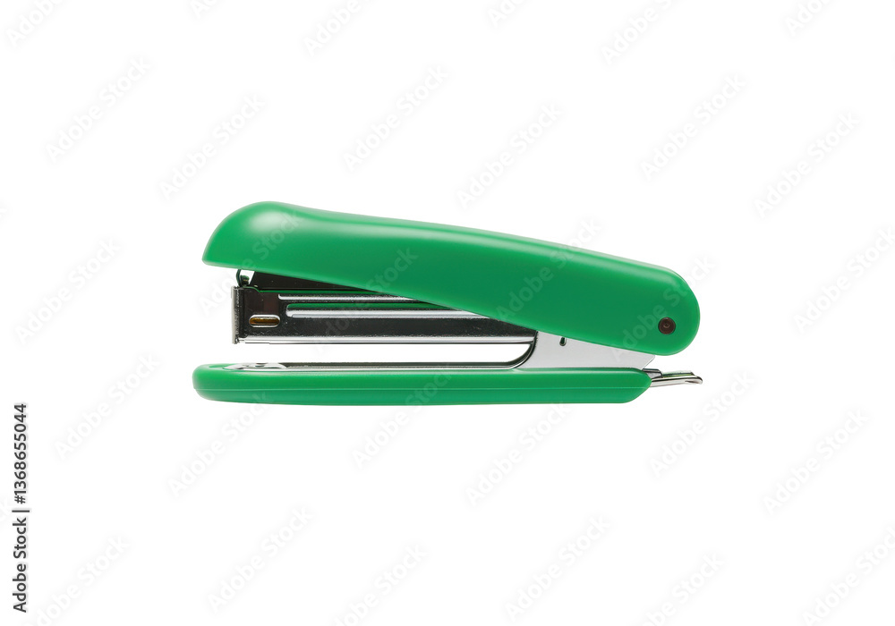 A green stapler levitating horizontally, on a solid white background A green stapler levitating horizontally, on a solid white background