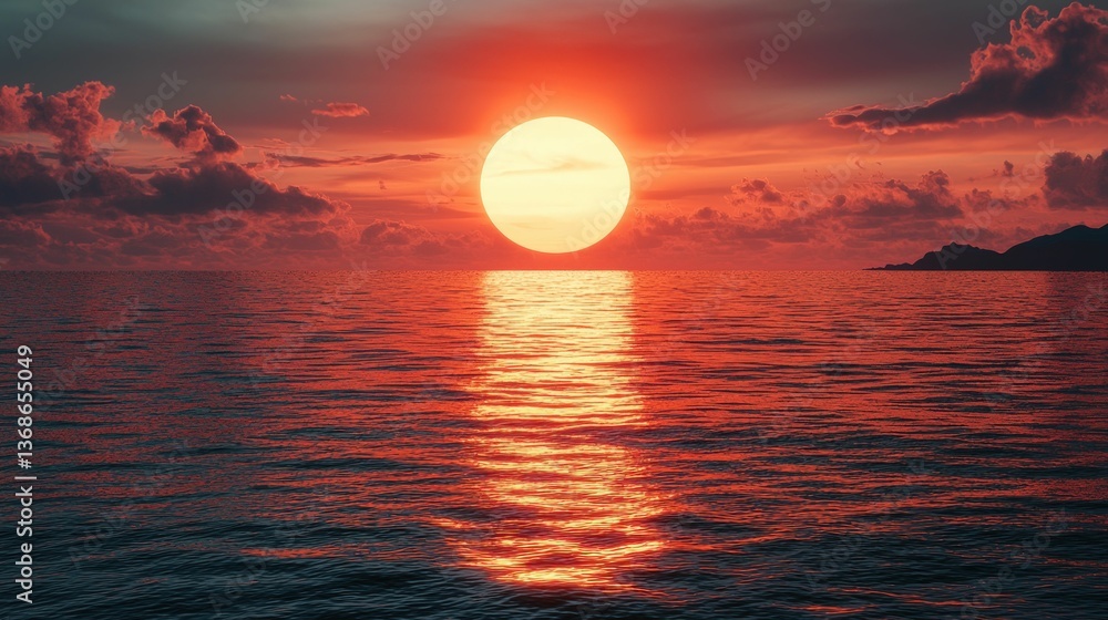 Fiery sunset reflects on calm ocean water Fiery sunset reflects on calm ocean water