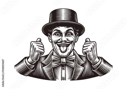 Vintage black and white portrait of an eccentric gentleman with a bowler hat, wide grin, and theatrical expression in engraving style

