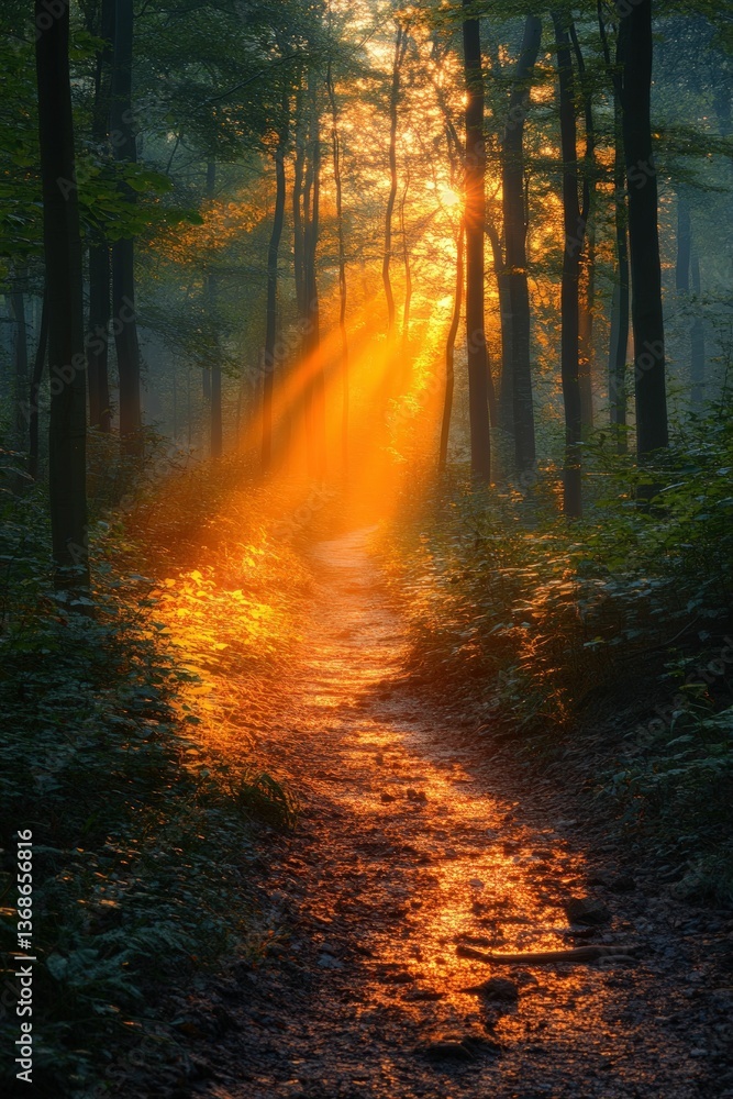 Fototapeta premium Golden sunrise path through mystical forest