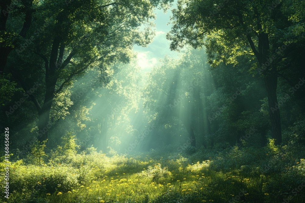 Sunbeams illuminate mystical forest clearing, wildflowers bloom. Sunbeams illuminate mystical forest clearing, wildflowers bloom.
