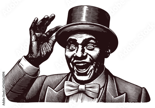 Vintage black and white portrait of an eccentric gentleman with a bowler hat, wide grin, and theatrical expression in engraving style

