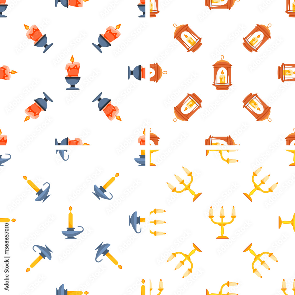 Seamless pattern with burning candles, candle holders, lanterns, and candelabras illuminating the white background Seamless pattern with burning candles, candle holders, lanterns, and candelabras illuminating the white background