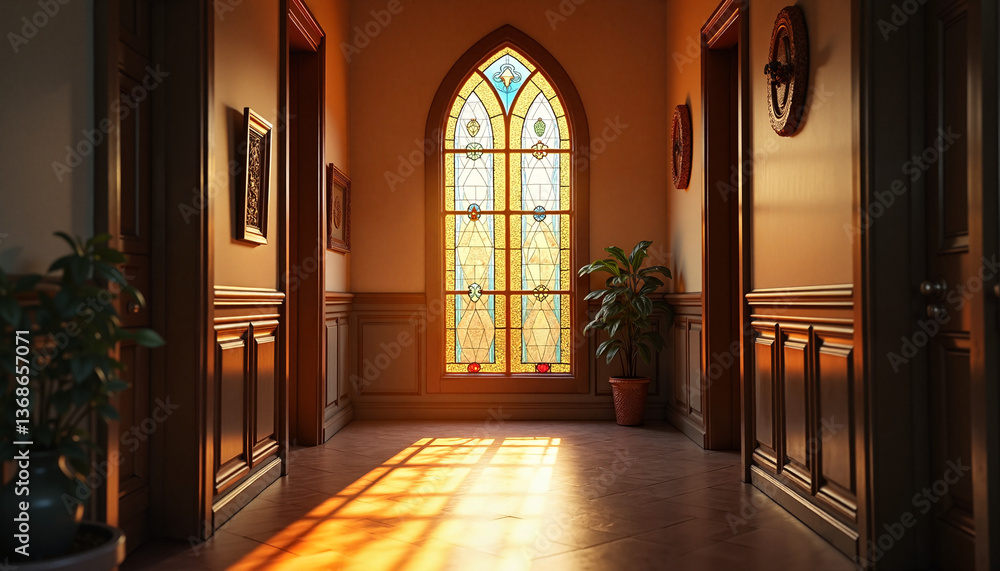 Elegant hallway with stained glass window illuminated by sunlight Elegant hallway with stained glass window illuminated by sunlight