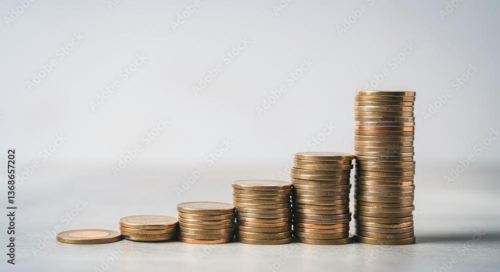 Stacks of golden coins increasing in height, representing financial growth Stacks of golden coins increasing in height, representing financial growth