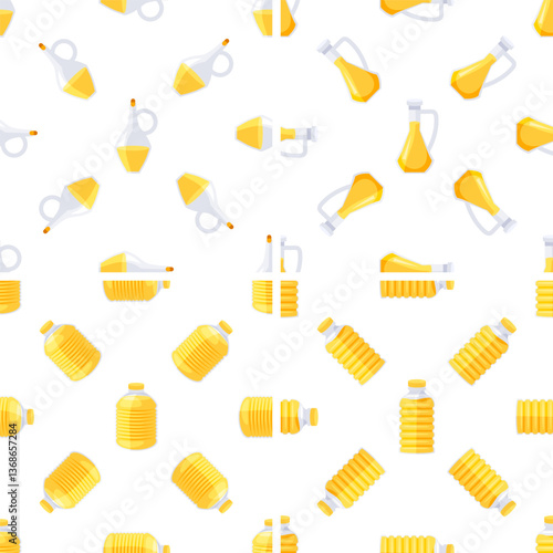 Seamless pattern with various bottles and jugs of vegetable oil forming a repeating pattern on white background