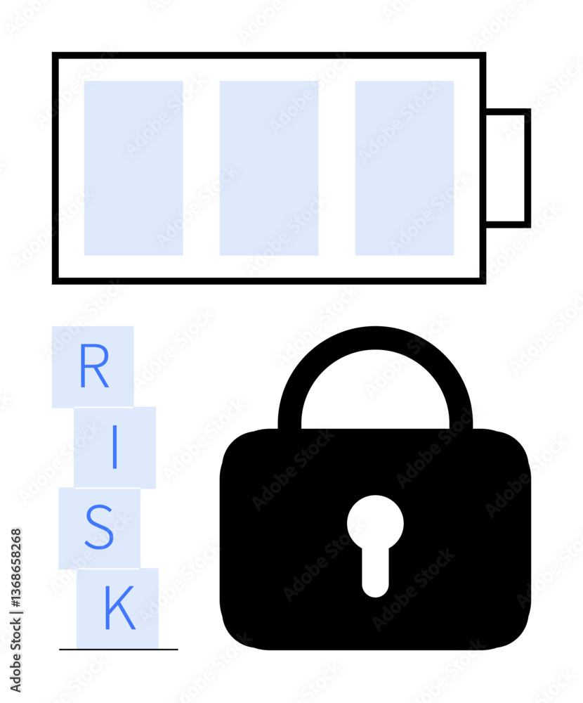 Padlock and battery with stacked blocks spelling RISK highlights security, energy, risk assessment, and protection concepts. Ideal for cybersecurity, power efficiency, management, risk strategy Padlock and battery with stacked blocks spelling RISK highlights security, energy, risk assessment, and protection concepts. Ideal for cybersecurity, power efficiency, management, risk strategy