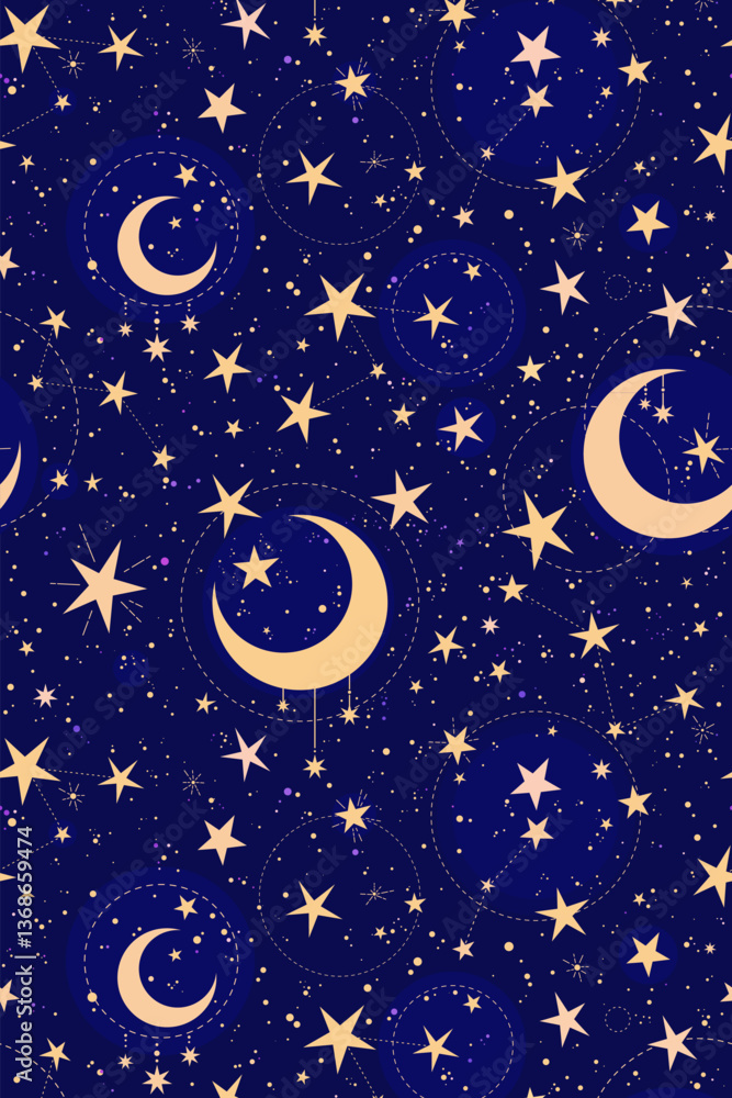 Naklejka premium Starry magical night sky strewn with decorated stars and moons. Seamless pattern