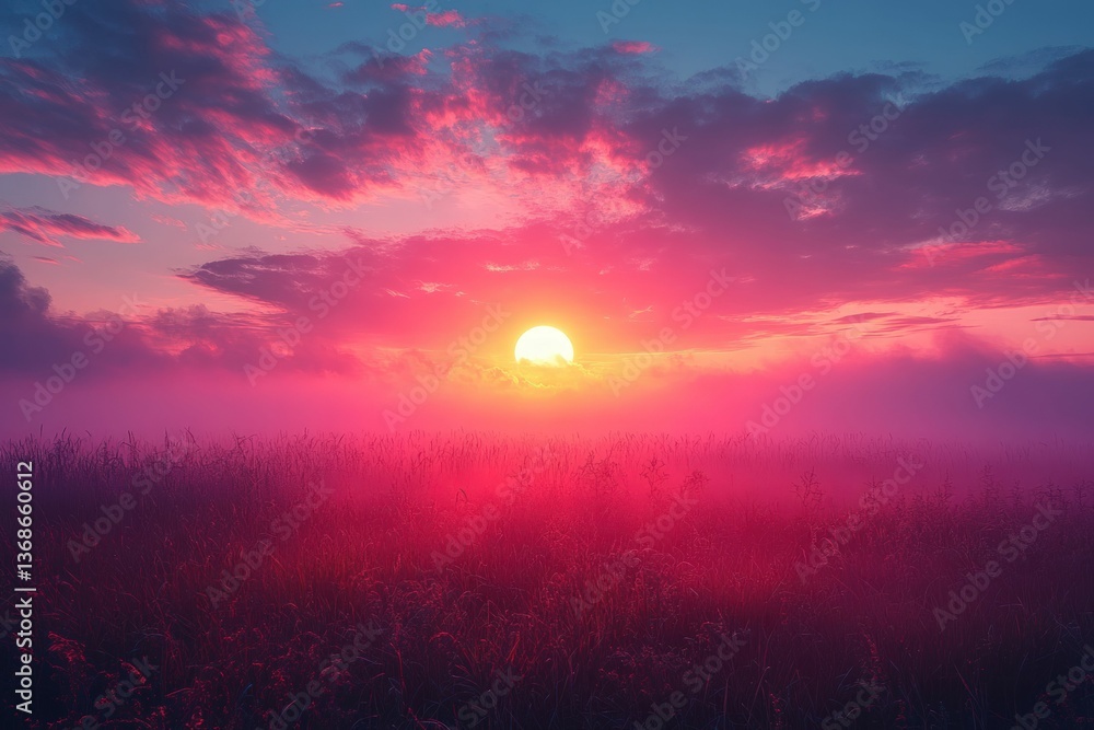 Fototapeta premium Pink sunrise over misty grass field