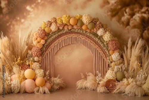 Warm pastel background with balloon garland and macrame details