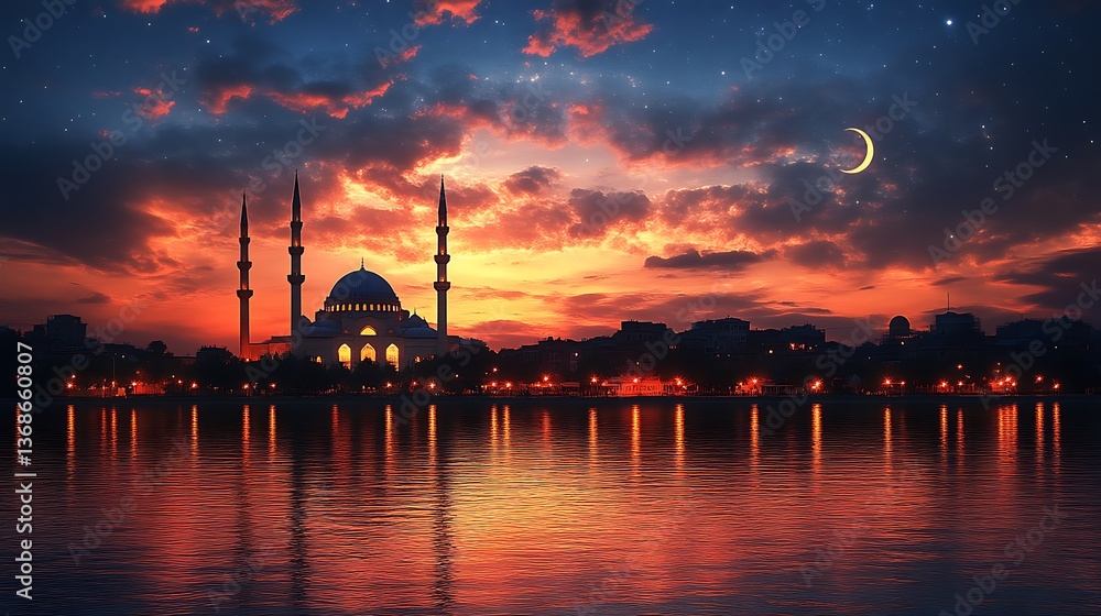 Obraz premium Mosque Silhouette at Sunset with Crescent Moon and Stars