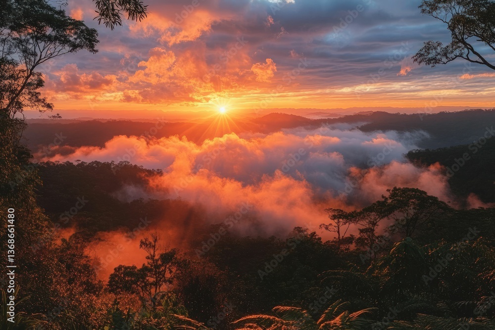 Fototapeta premium Fiery sunset over misty mountain forest.