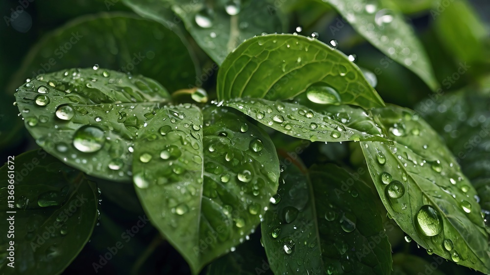 Close-up macro shot of plant leaves adorned with water droplets, showcasing a fresh green color Close-up macro shot of plant leaves adorned with water droplets, showcasing a fresh green color