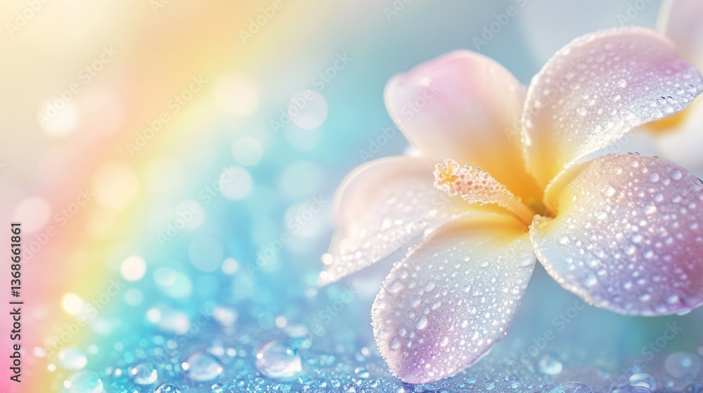 Fototapeta premium Beautiful white frangipani flower with dew and a rainbow background. Close-up macro photo of a delicate