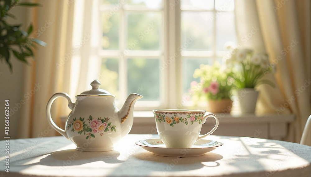 Charming tea set on a table with a sunny window backdrop Charming tea set on a table with a sunny window backdrop