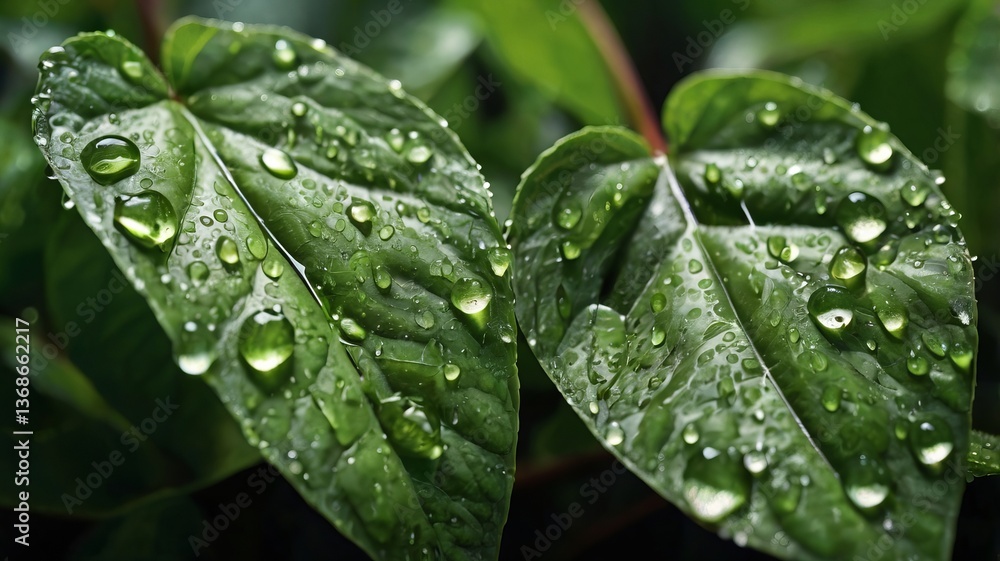 Close-up macro shot of plant leaves adorned with water droplets, showcasing a fresh green color Close-up macro shot of plant leaves adorned with water droplets, showcasing a fresh green color