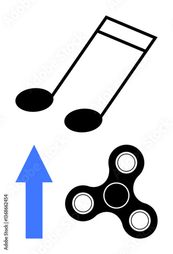 Black musical notes, fidget spinner, and upward blue arrow symbolizing creativity, entertainment, concentration, progress, stress relief, innovation direction. Ideal for art focus growth flat