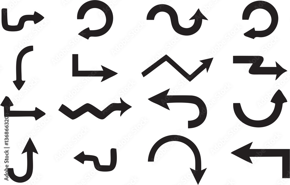 Multiple style and turn Arrow set isolated on white background. Easy to change color, size and manipulate. Traffic symbol Direction Icons Set. Multiple style and turn Arrow set isolated on white background. Easy to change color, size and manipulate. Traffic symbol Direction Icons Set.