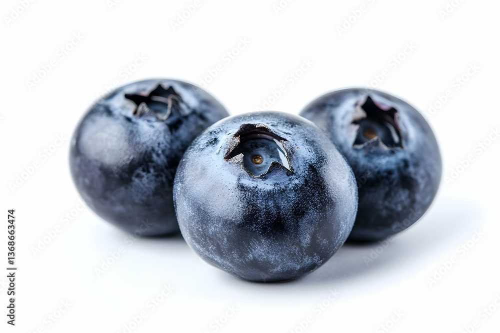 A close up view of three blueberries on white base A close up view of three blueberries on white base