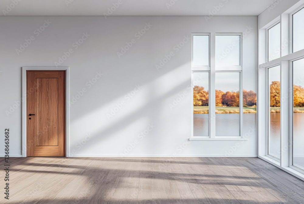 Fototapeta premium Empty room interior with wood floor brown door and autumn lake view