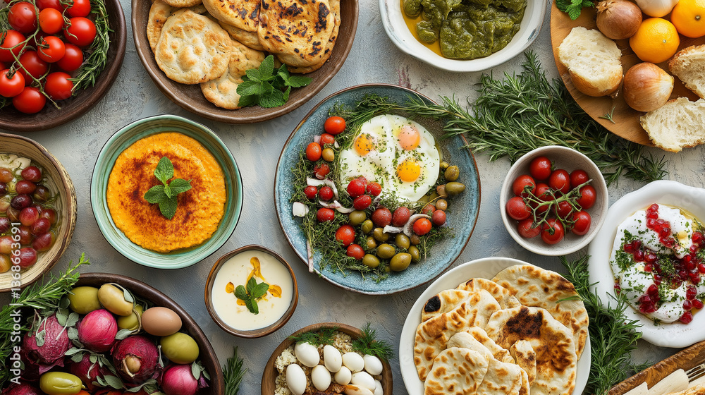 Middle Eastern Mezze Food Selection-Overhead Shot Middle Eastern Mezze Food Selection-Overhead Shot