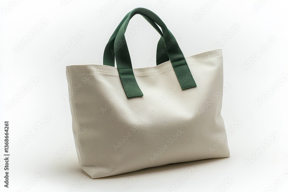 Stylish cream tote bag with green handles on white background Stylish cream tote bag with green handles on white background