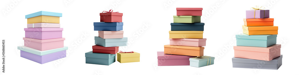 Set of stack of gift boxes different colors isolated on transparent background Set of stack of gift boxes different colors isolated on transparent background