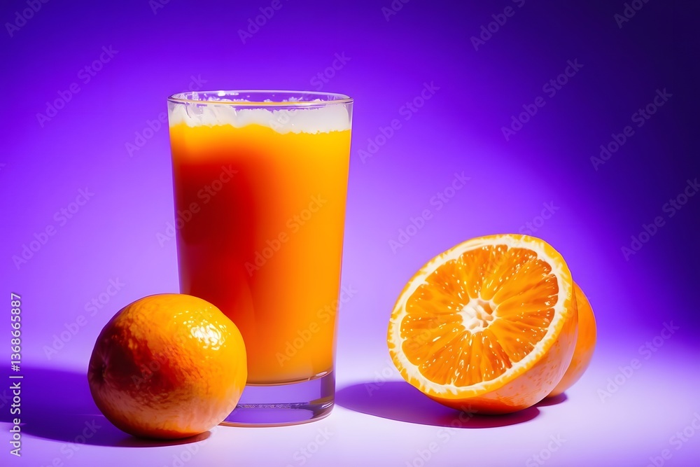 Refreshing Glass of Fresh Orange Juice with Whole and Sliced Oranges on a Plain Background Refreshing Glass of Fresh Orange Juice with Whole and Sliced Oranges on a Plain Background