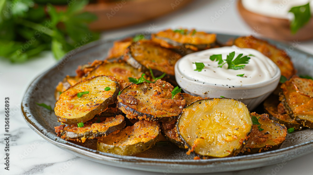 Golden-brown fried pickle slices served on a plate with a bowl of creamy dipping sauce, sprinkled with fresh herbs and spices. Golden-brown fried pickle slices served on a plate with a bowl of creamy dipping sauce, sprinkled with fresh herbs and spices.