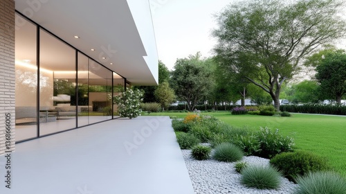 Modern house exterior with a spacious patio and lush garden.  Exterior view of a contemporary home featuring large glass walls opening onto a landscaped outdoor area.  Tranquil and serene backyard