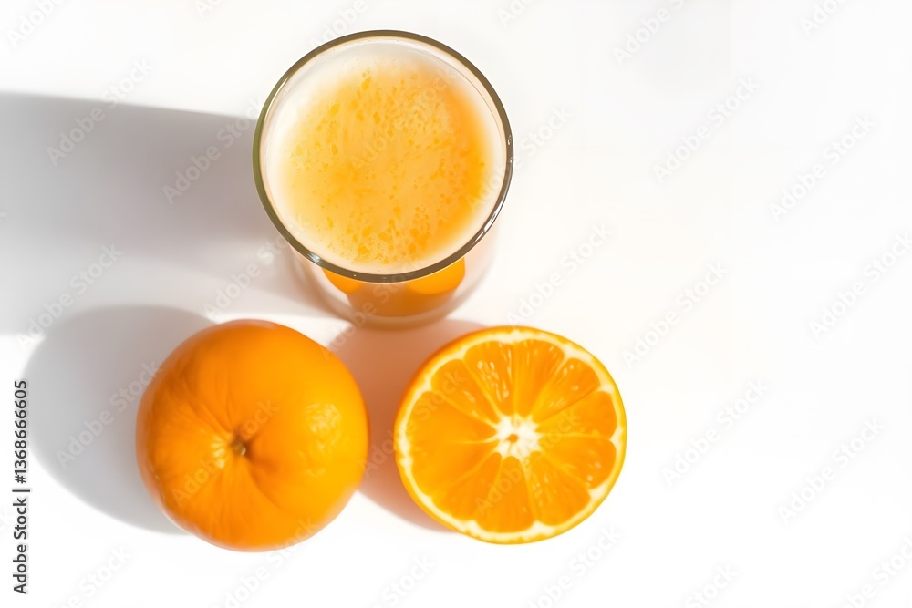 Refreshing Glass of Fresh Orange Juice with Whole and Sliced Oranges on a Plain Background Refreshing Glass of Fresh Orange Juice with Whole and Sliced Oranges on a Plain Background