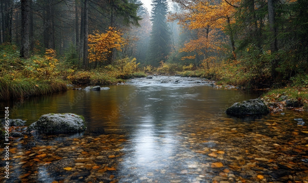 Fototapeta premium Serene autumn stream flows through forest.