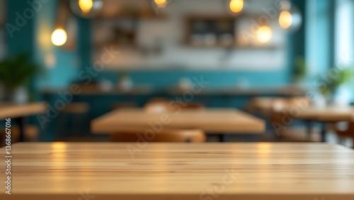 Wallpaper Mural A warm, inviting cafe scene with a focus on a smooth, light wood table, softly lit by hanging lamps in a teal and gold interior. Torontodigital.ca