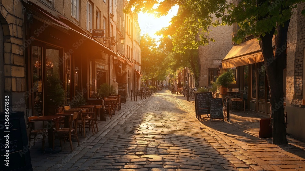 Fototapeta premium A sunlit European street filled with cobblestones and vintage cafes