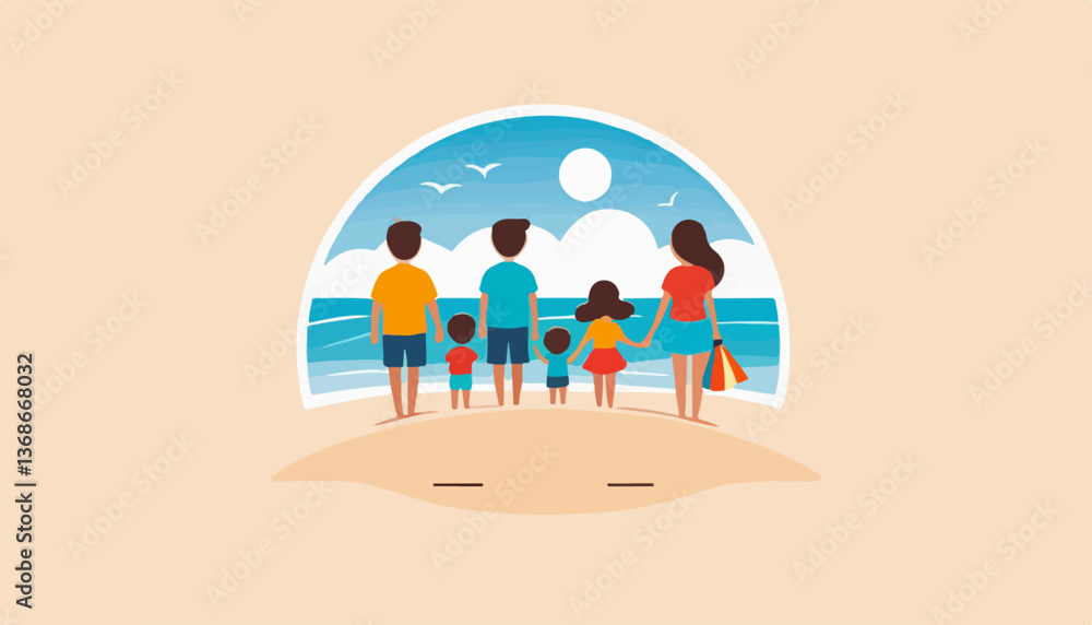 Abstract Family Silhouette on the Sand Facing the Sea Abstract Family Silhouette on the Sand Facing the Sea