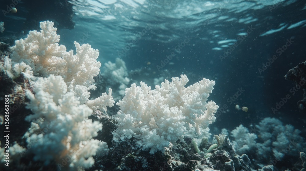 Fototapeta premium Underwater view of a coral reef with dead, white corals, clearly showing the impact on marine life and the environment