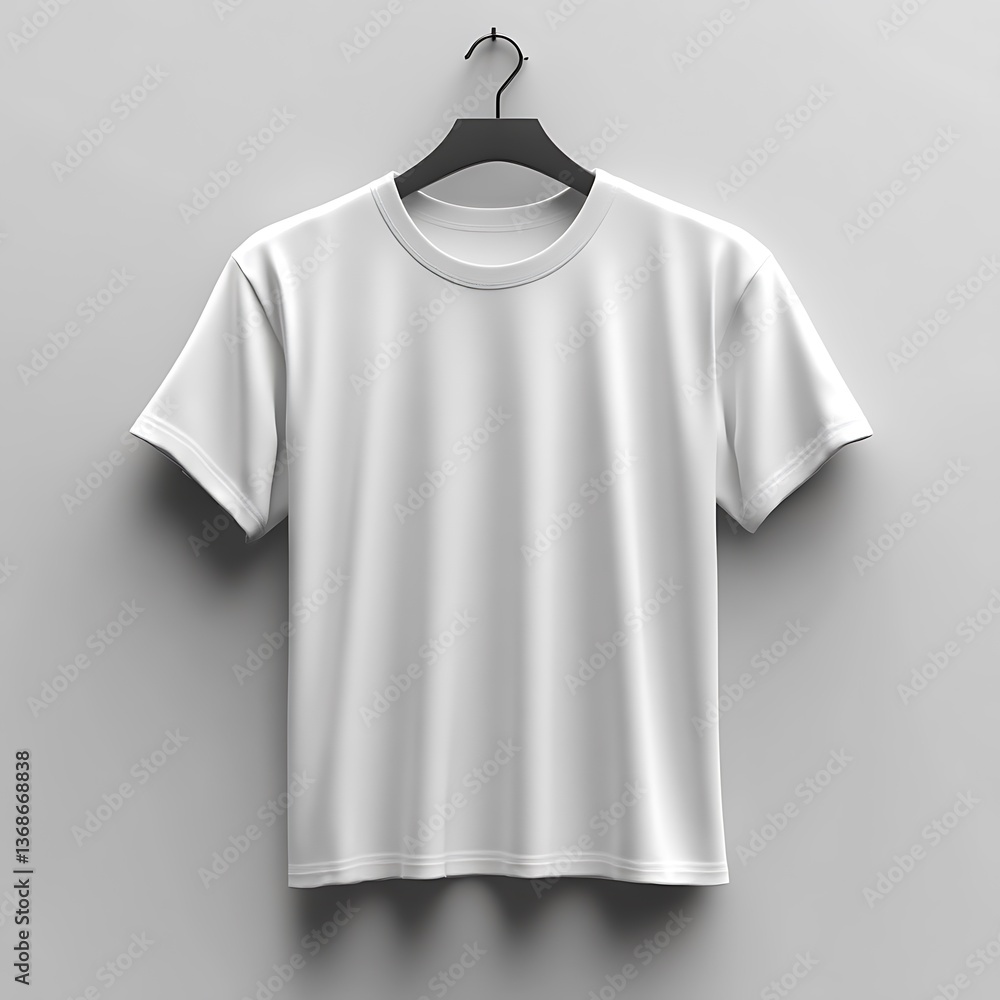 A pristine white t shirt hangs on a black clothing hanger A pristine white t shirt hangs on a black clothing hanger
