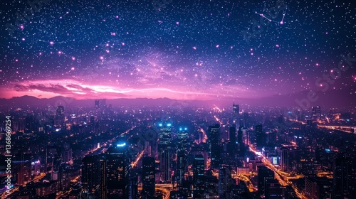 Wallpaper Mural Night cityscape under vibrant starry sky Torontodigital.ca